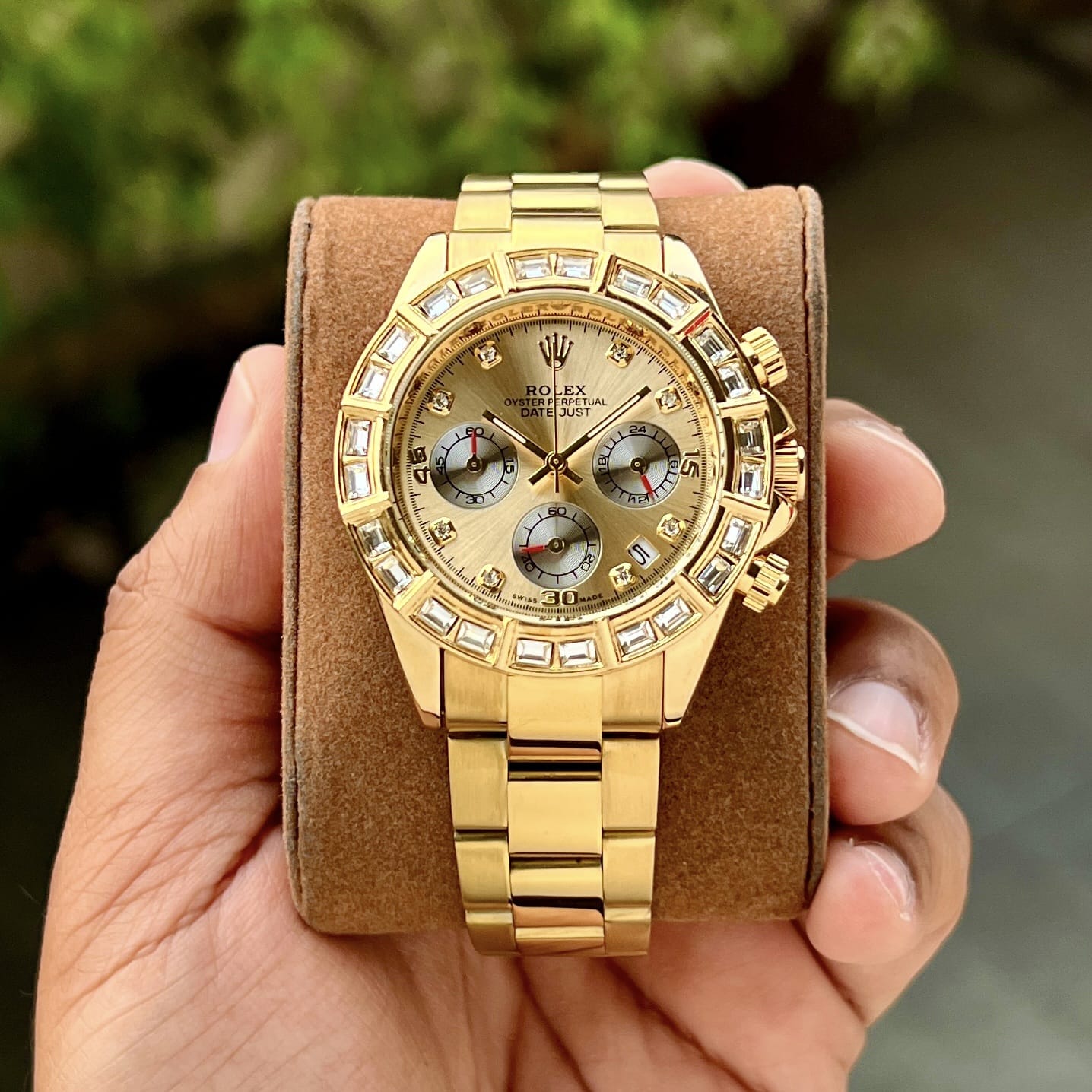 Full Gold-Tone Racing Watch with Baguette Crystal Bezel & Chronograph Sub-Dials